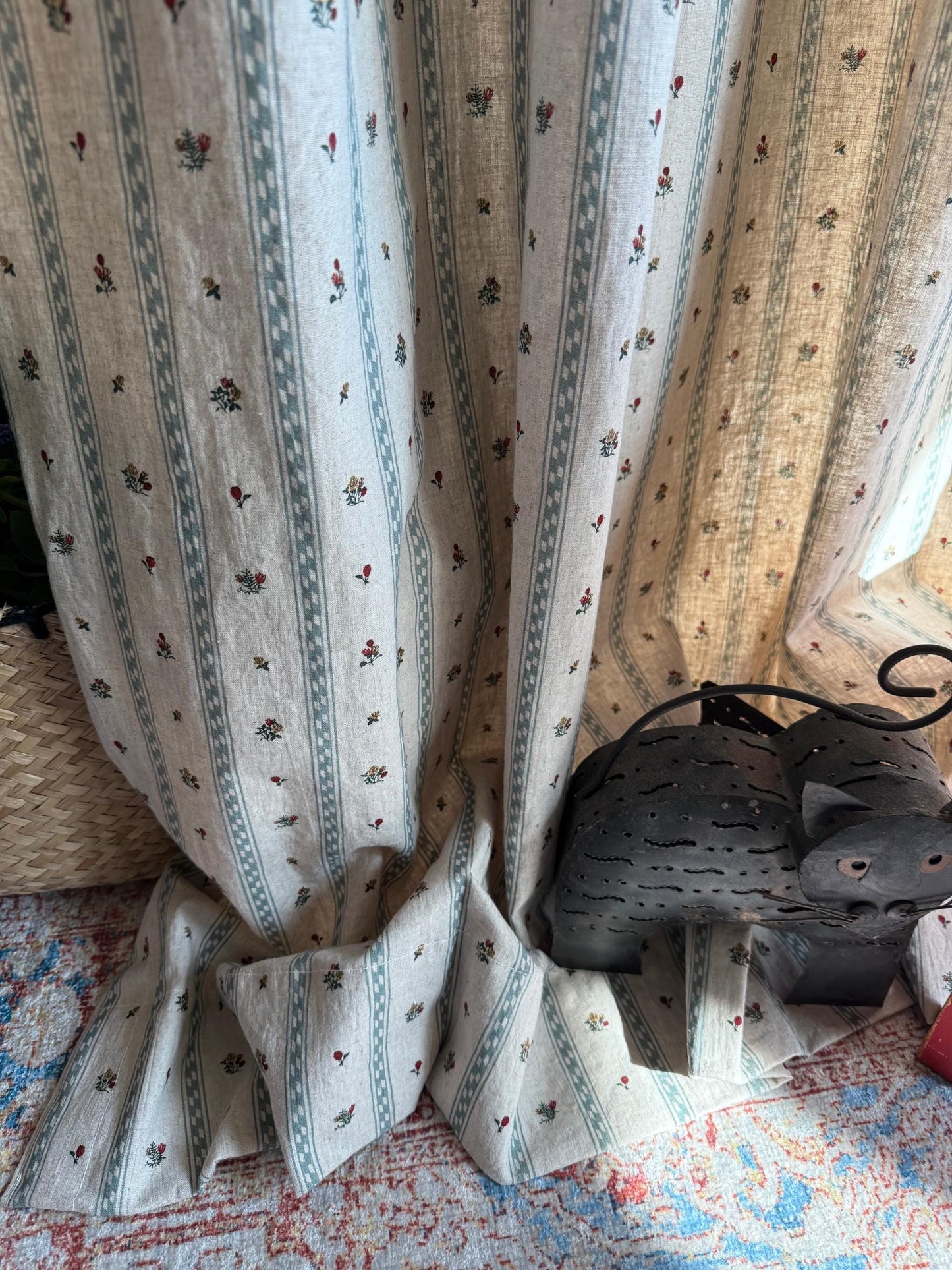 Flop Over Linen Cotton Curtains, French Country Floral Stripe Drapes Set of 2