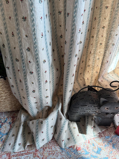 Flop Over Linen Cotton Curtains, French Country Floral Stripe Drapes Set of 2