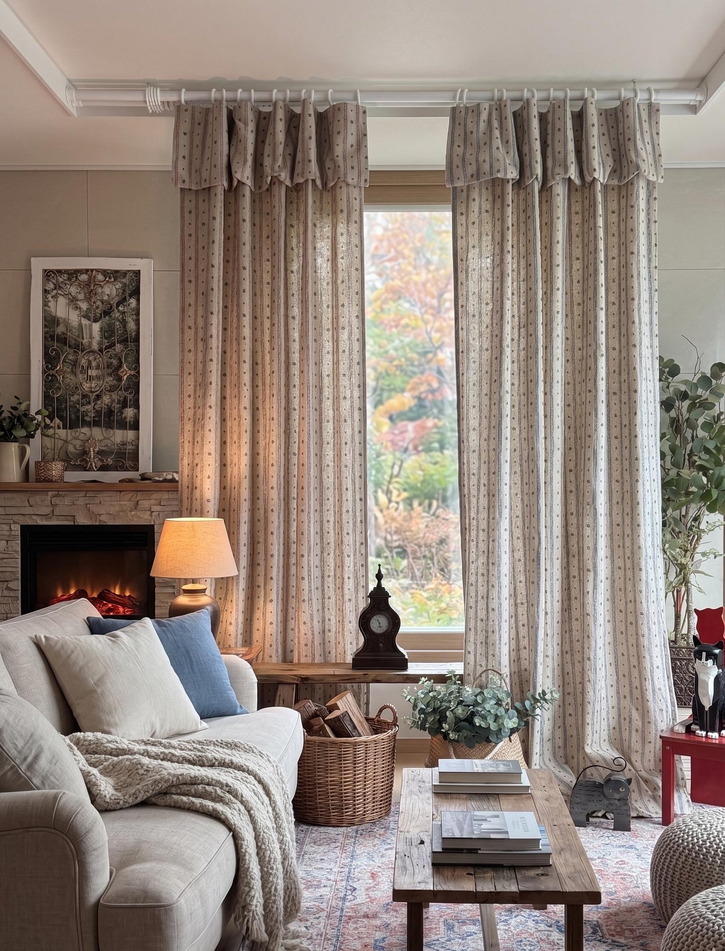 Flop Over Linen Cotton Curtains, French Country Floral Stripe Drapes Set of 2