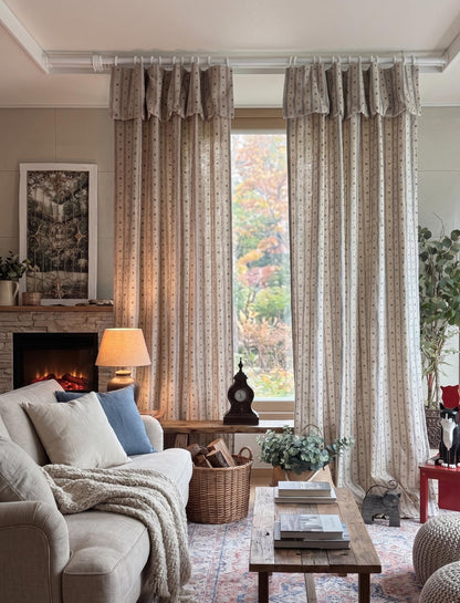 Flop Over Linen Cotton Curtains, French Country Floral Stripe Drapes Set of 2