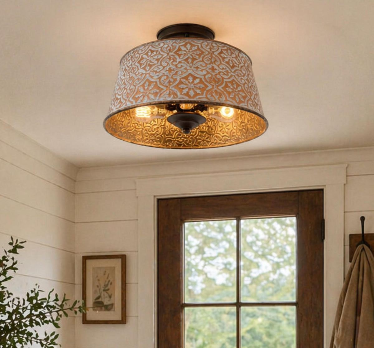 Ornate Copper Farmhouse Ceiling Light | 12"W | Lighting Fixture Flush Mount Metal Chandelier Kitchen Bathroom Cabin Cottage Lodge