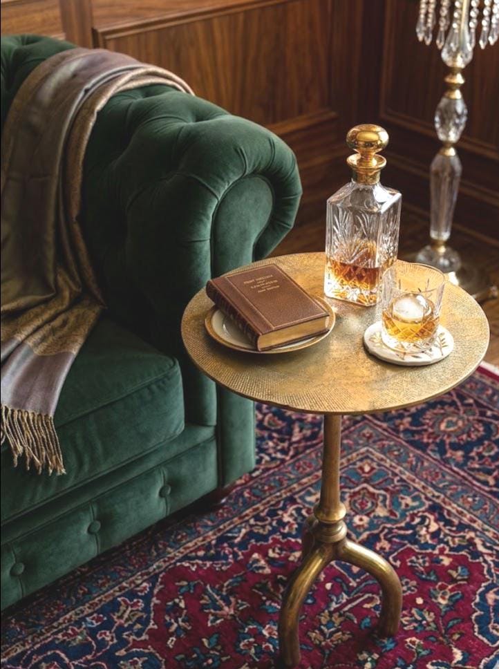 Round Brass-Finish Side Table with Textured Top, Sculptural Drink Table