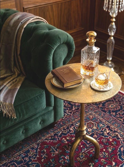 Round Brass-Finish Side Table with Textured Top, Sculptural Drink Table