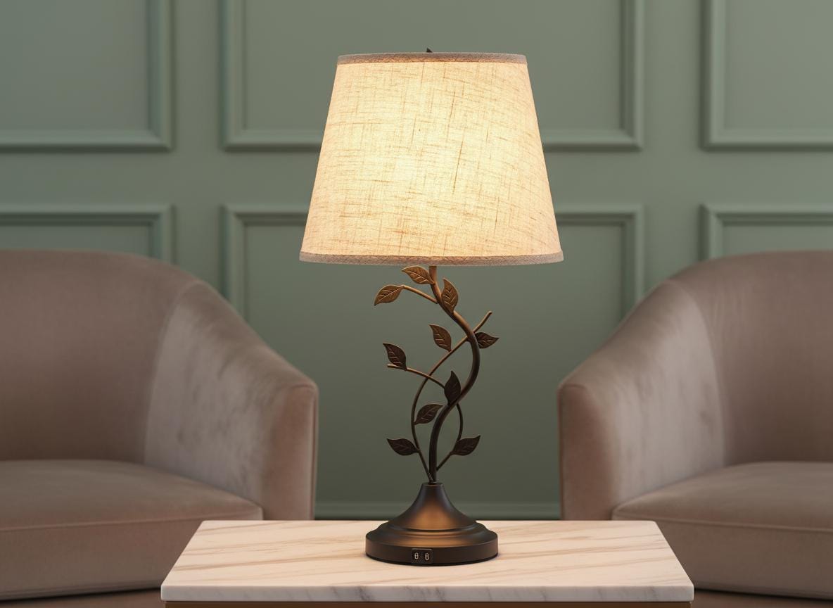 Vintage Leaf Branch Table Lamp with Beige Linen Shade & USB Ports
