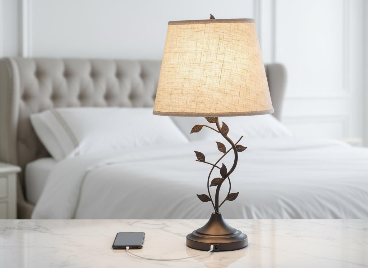 Vintage Leaf Branch Table Lamp with Beige Linen Shade & USB Ports