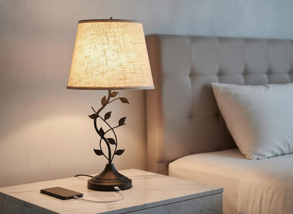 Vintage Leaf Branch Table Lamp with Beige Linen Shade & USB Ports