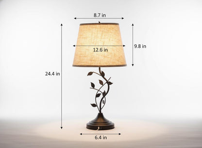 Vintage Leaf Branch Table Lamp with Beige Linen Shade & USB Ports