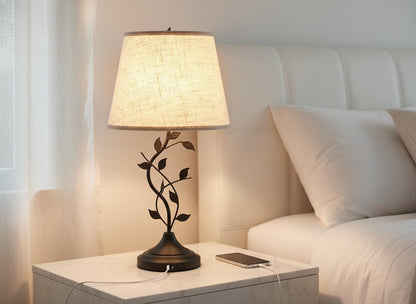 Vintage Leaf Branch Table Lamp with Beige Linen Shade & USB Ports
