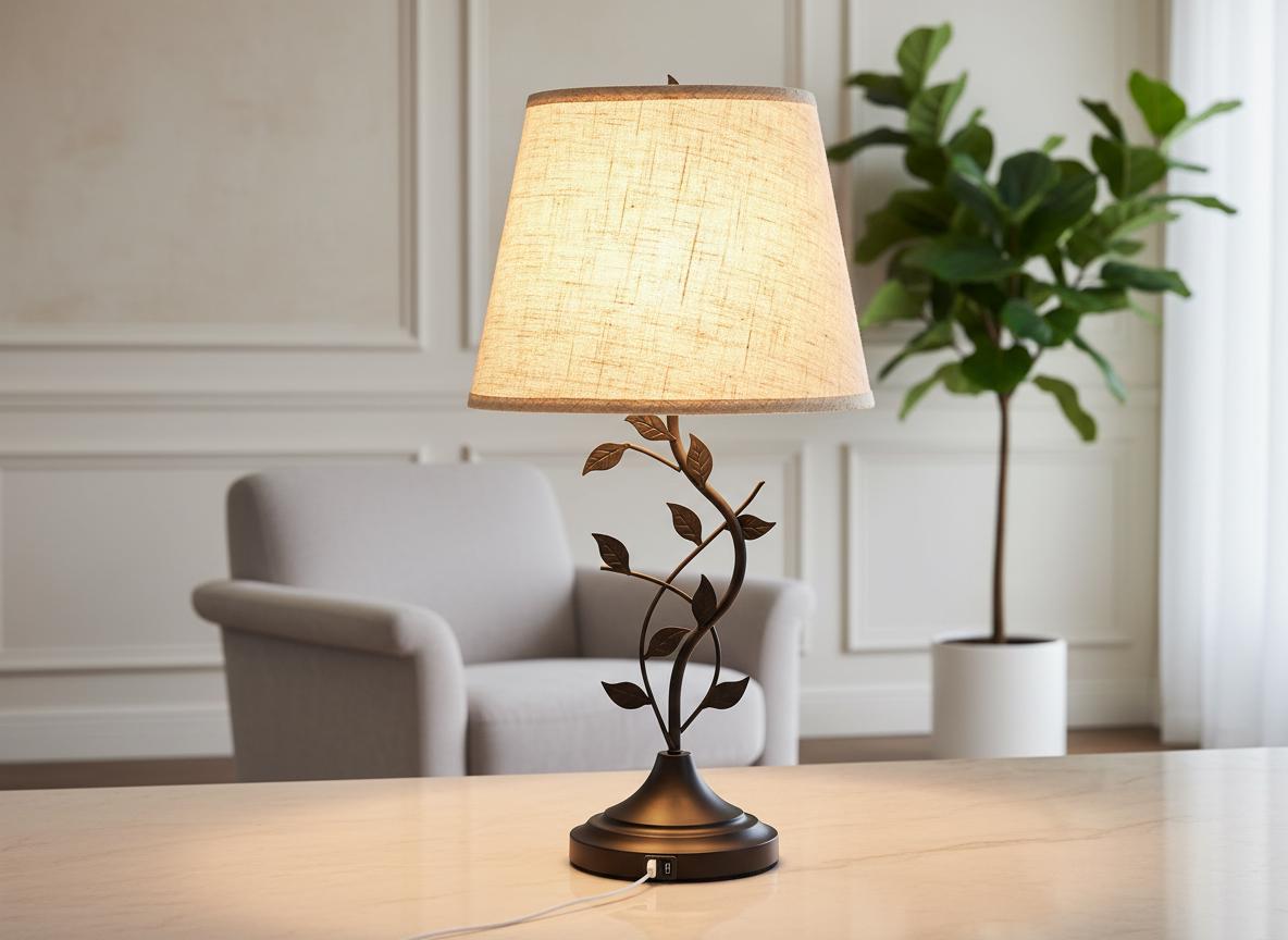 Vintage Table Lamp, Tree Branch Leaf Base, Beige Linen Shade, USB Ports