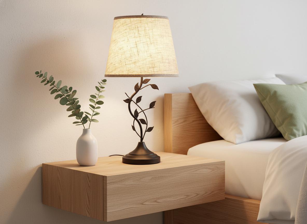 Vintage Leaf Branch Table Lamp with Beige Linen Shade & USB Ports