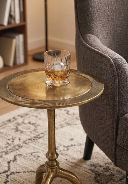 Round Brass-Finish Side Table with Textured Top, Sculptural Drink Table