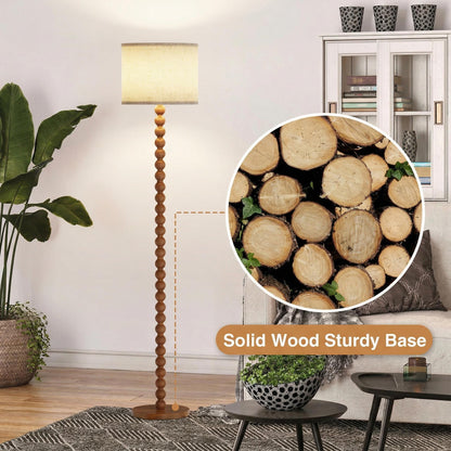 Solid Wood Beaded Floor Lamp with Linen Shade, Rustic Farmhouse Reading Light, Boho Standing Lamp for Living Room Bedroom Decor