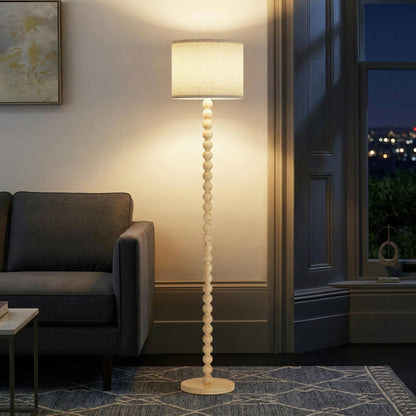 Solid Wood Beaded Floor Lamp with Linen Shade, Rustic Farmhouse Reading Light, Boho Standing Lamp for Living Room Bedroom Decor