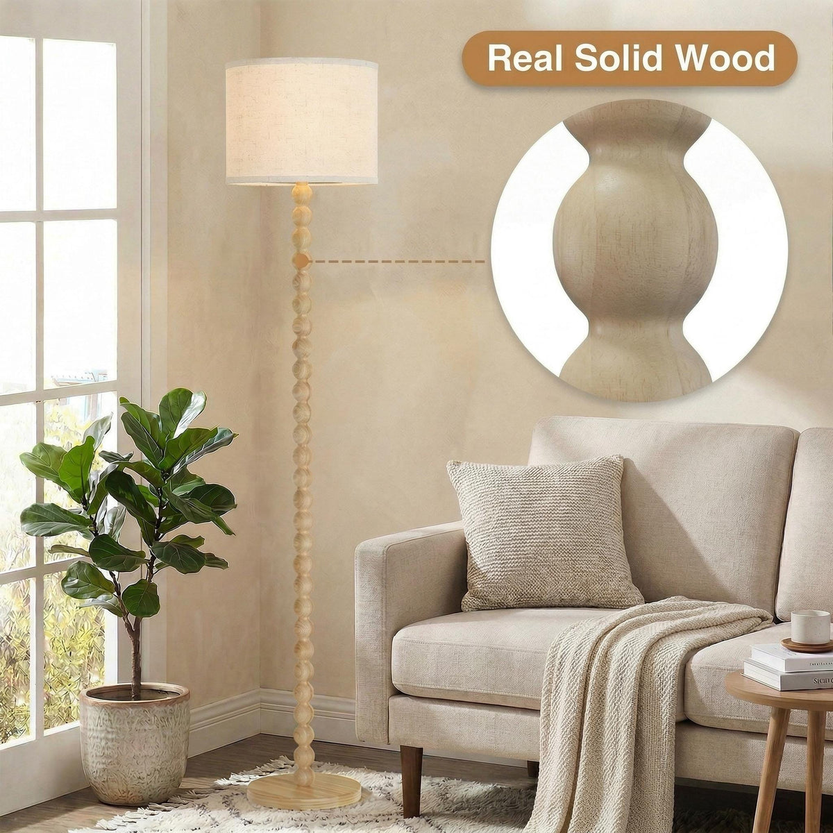 Solid Wood Beaded Floor Lamp with Linen Shade, Rustic Farmhouse Reading Light, Boho Standing Lamp for Living Room Bedroom Decor