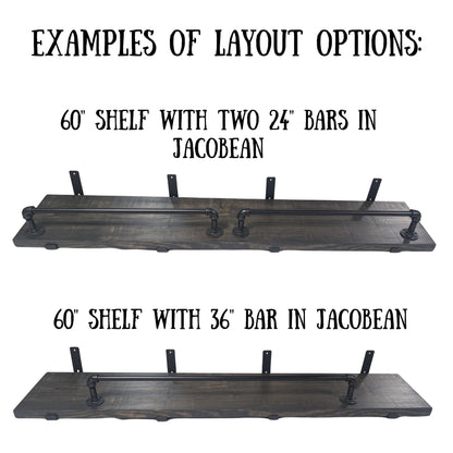 Industrial Pipe Clothes or Towel Bar with or without Solid Wood Shelf