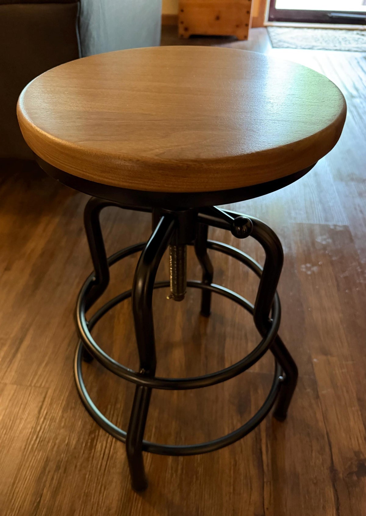 Walnut Bar Stool: Industrial Metal Base,  Swivel Adjustable Height Lock, Screw Type