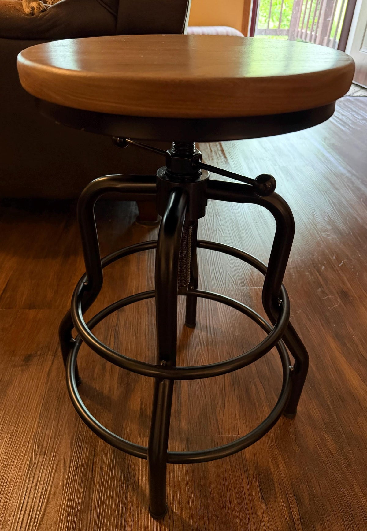 Walnut Swivel Bar Stool with Adjustable Industrial Metal Base