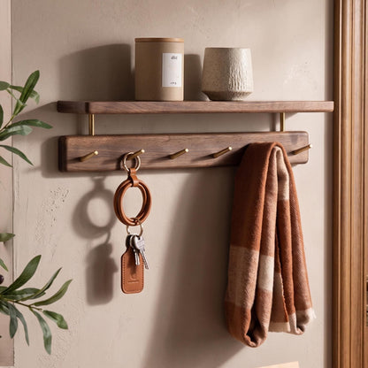 Walnut Wood Entryway Organizer with Shelf | Wall Mounted Coat Rack with Brass Hooks | Modern Key Holder for Wall | Floating Mudroom Shelf