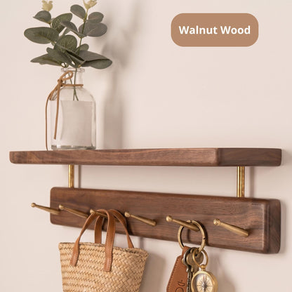 Walnut Wood Entryway Organizer with Shelf | Wall Mounted Coat Rack with Brass Hooks | Modern Key Holder for Wall | Floating Mudroom Shelf