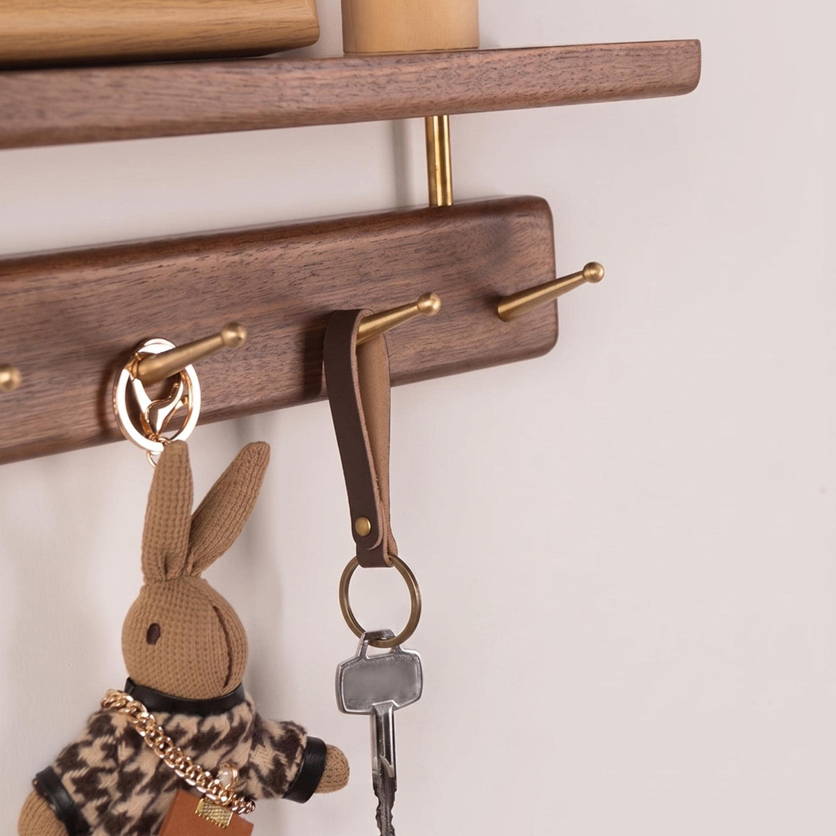 Walnut Wood Entryway Organizer with Shelf | Wall Mounted Coat Rack with Brass Hooks | Modern Key Holder for Wall | Floating Mudroom Shelf