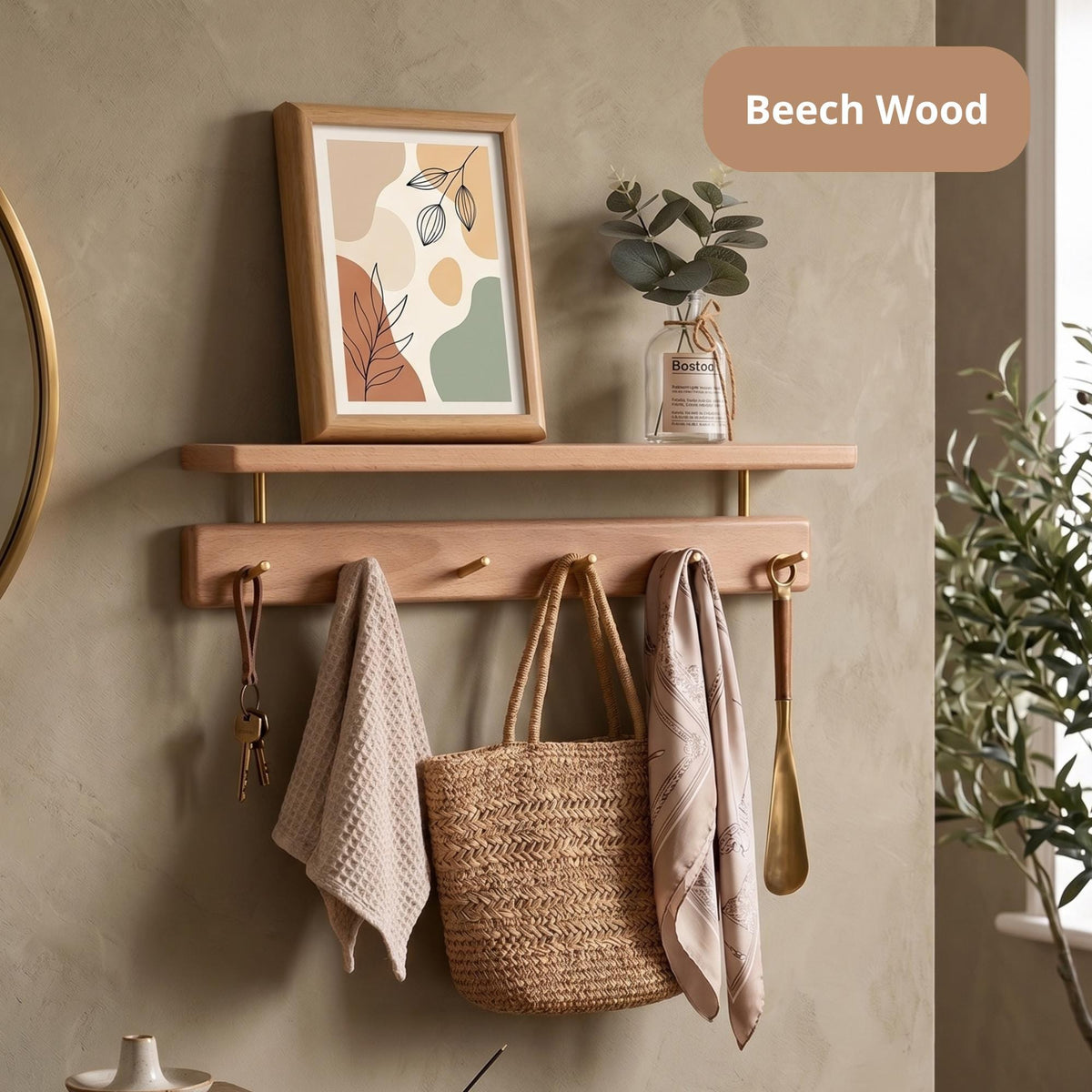 Walnut Wood Entryway Organizer with Shelf | Wall Mounted Coat Rack with Brass Hooks | Modern Key Holder for Wall | Floating Mudroom Shelf
