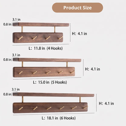 Walnut Wood Entryway Organizer with Shelf | Wall Mounted Coat Rack with Brass Hooks | Modern Key Holder for Wall | Floating Mudroom Shelf