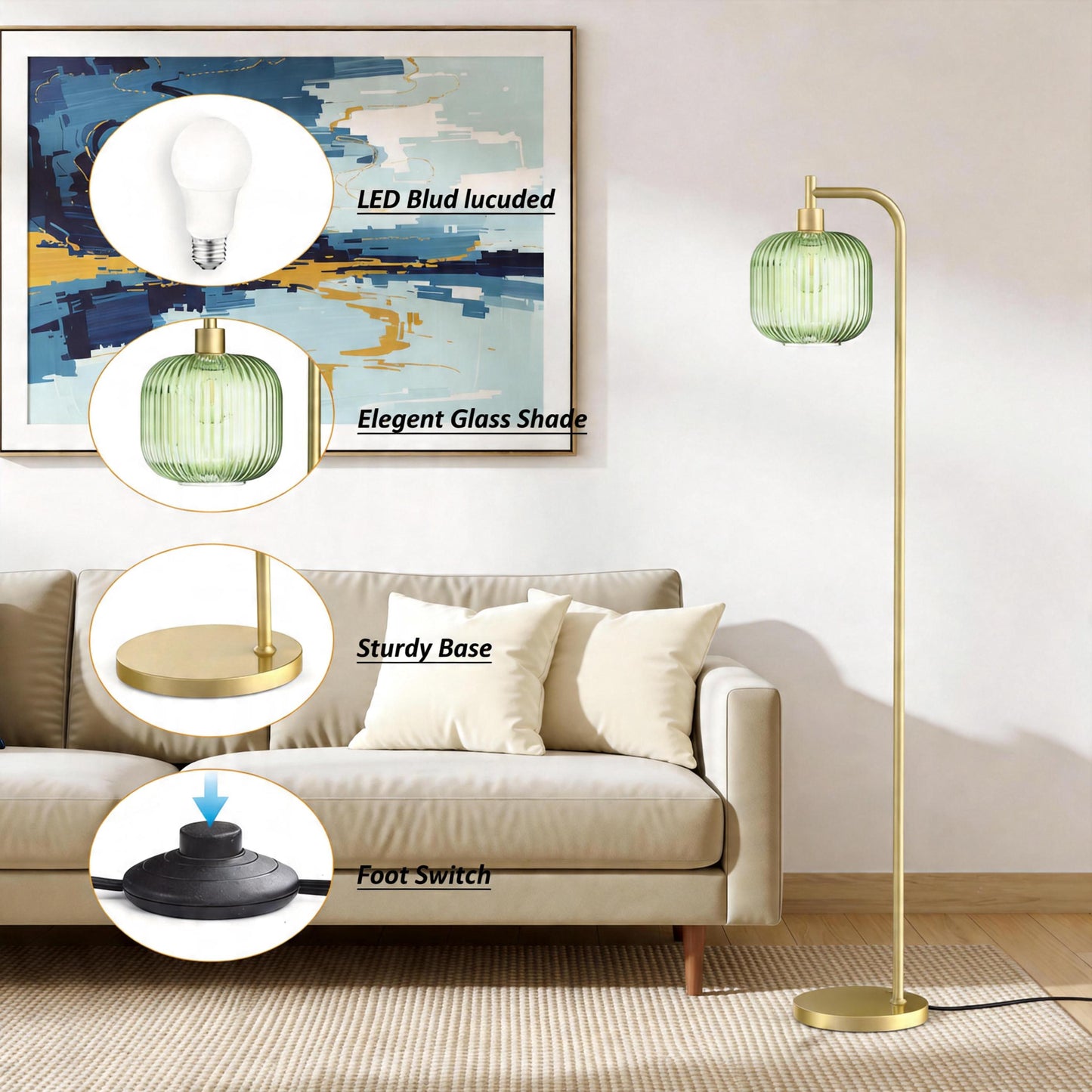 Ribbed Glass Floor Lamp with Remote Control & Dimmable LED
