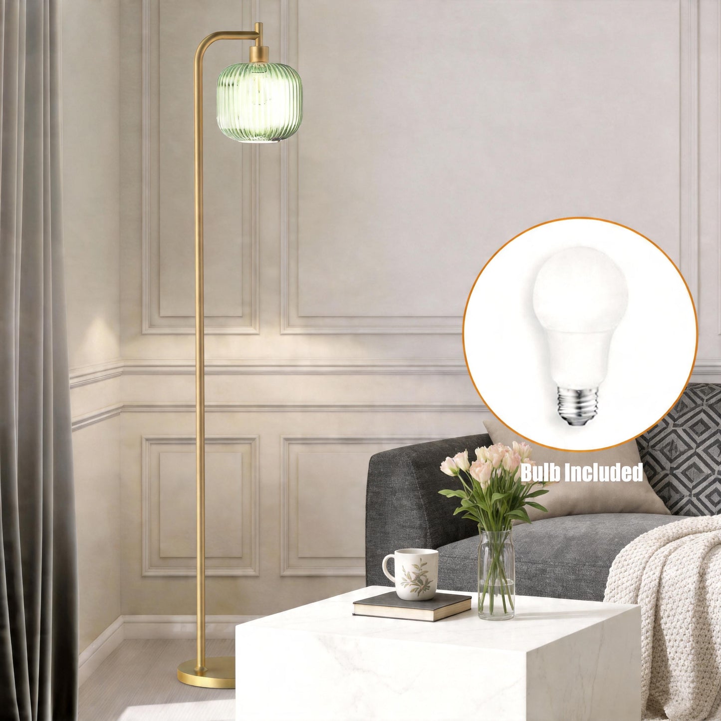 Ribbed Glass Floor Lamp with Remote Control & Dimmable LED