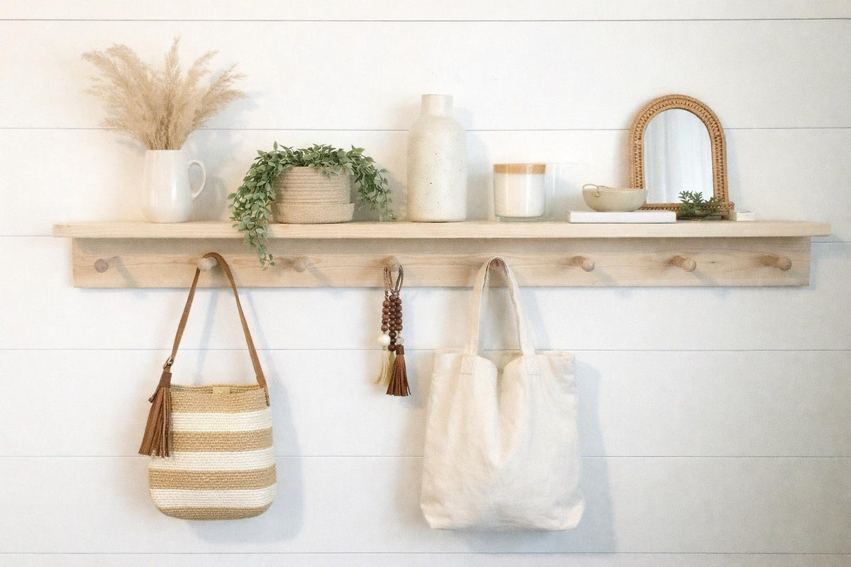 Handcrafted Pine Wood Peg Shelf: Rustic Entryway Organizer