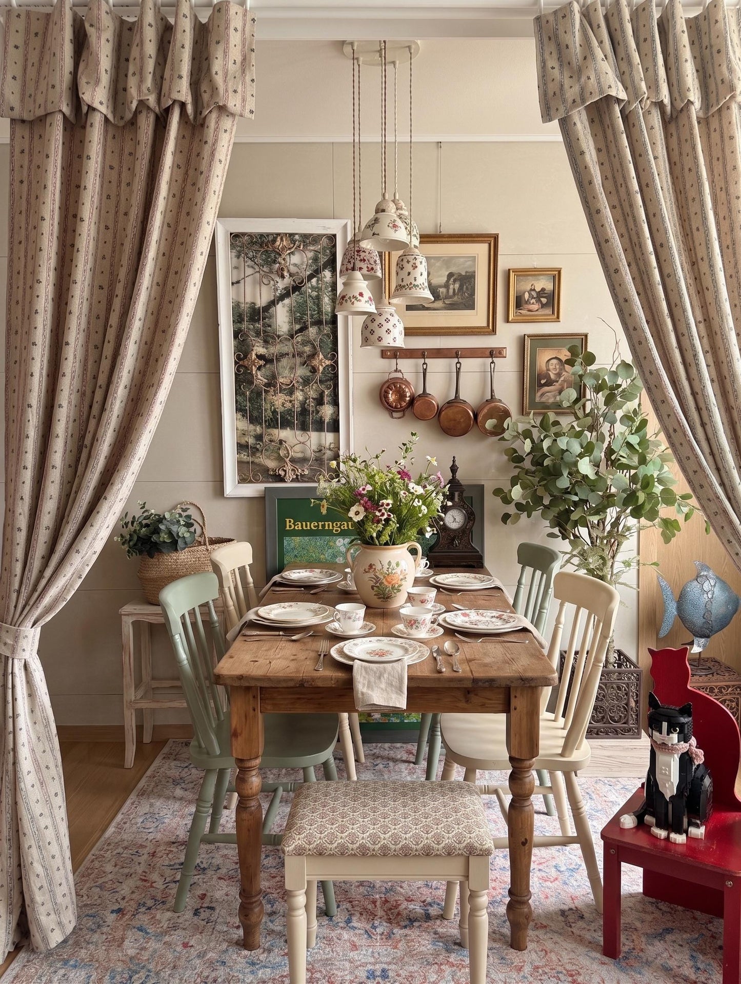 Flop Over Linen Cotton Curtains, French Country Floral Stripe Drapes Set of 2