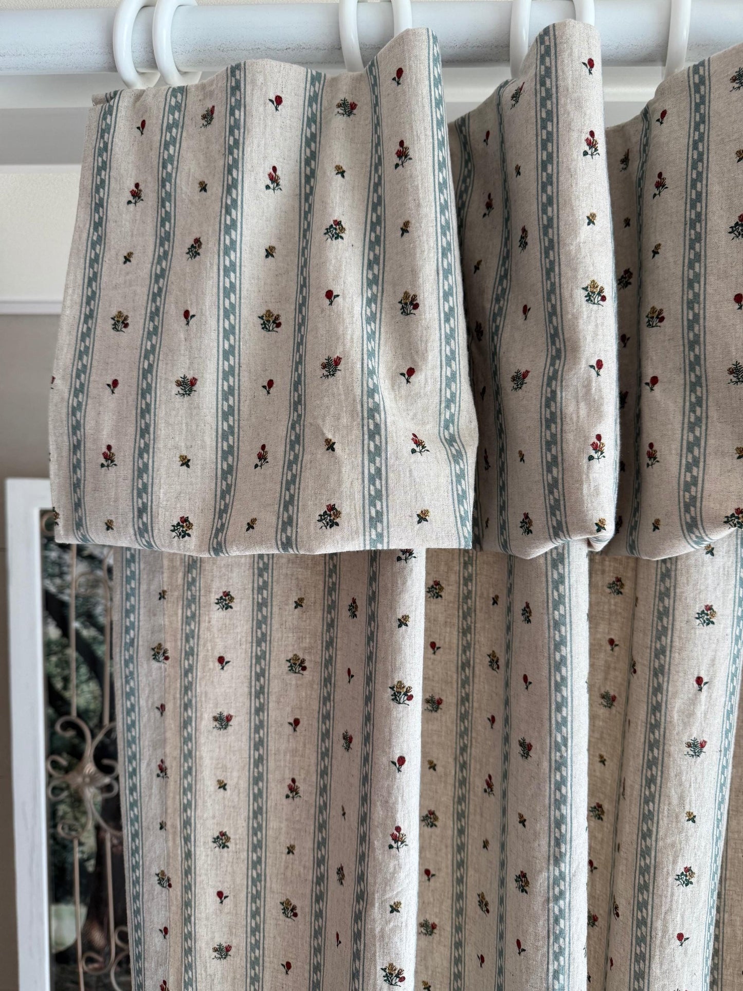 Flop Over Linen Cotton Curtains, French Country Floral Stripe Drapes Set of 2