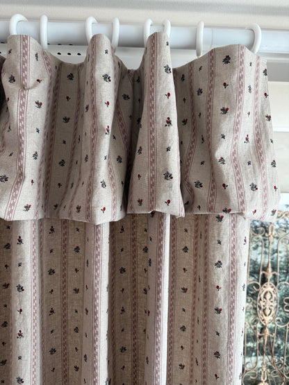 Flop Over Linen Cotton Curtains, French Country Floral Stripe Drapes Set of 2