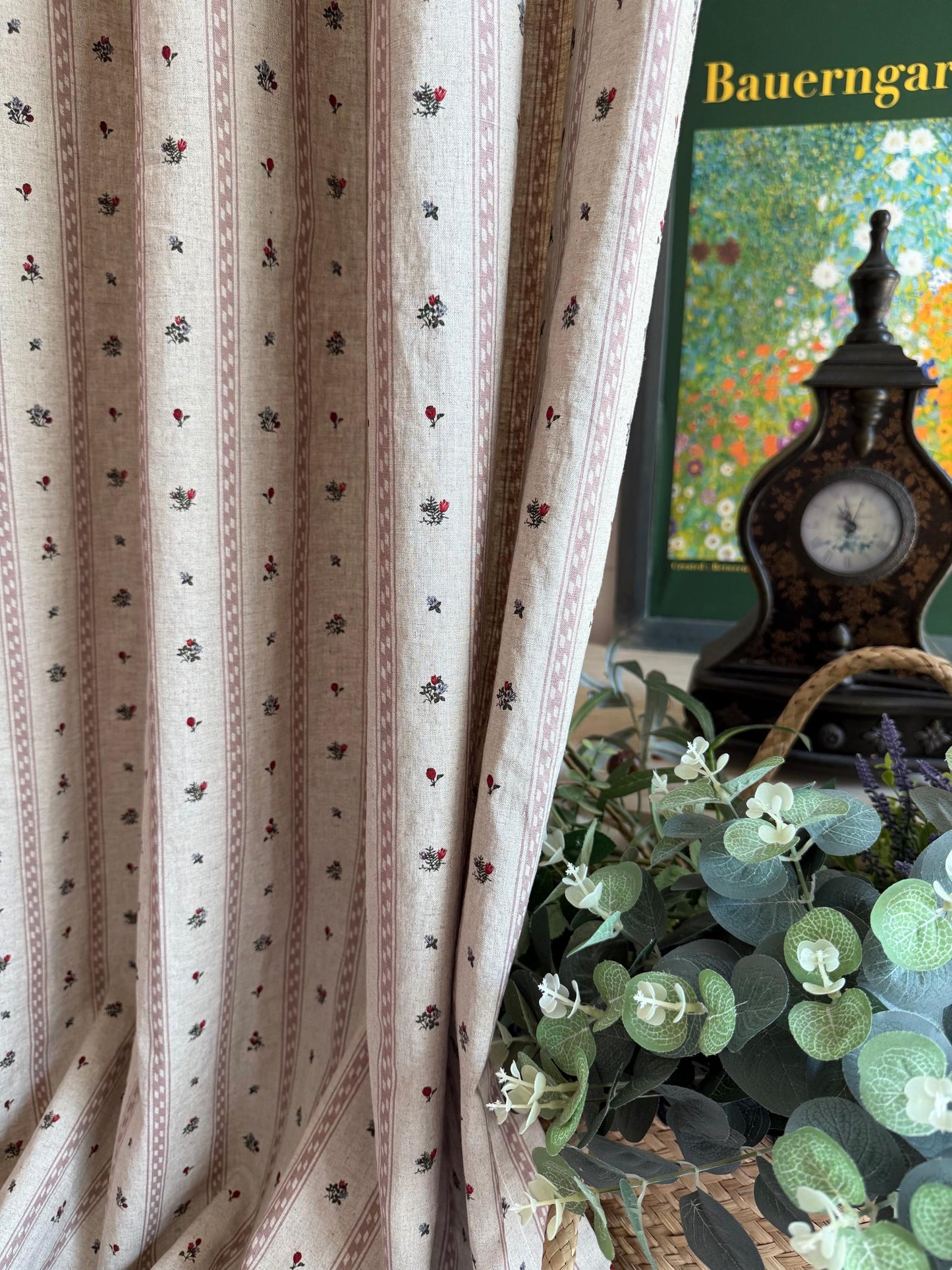 Flop Over Linen Cotton Curtains, French Country Floral Stripe Drapes Set of 2