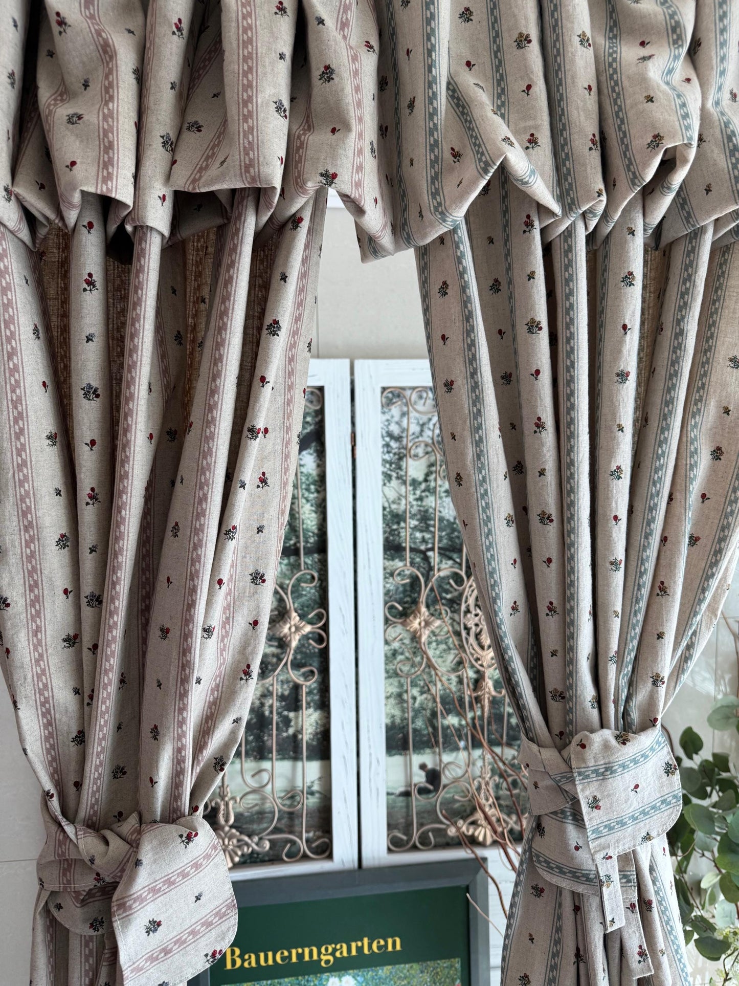 Flop Over Linen Cotton Curtains, French Country Floral Stripe Drapes Set of 2