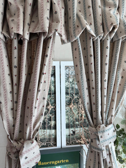 Flop Over Linen Cotton Curtains, French Country Floral Stripe Drapes Set of 2