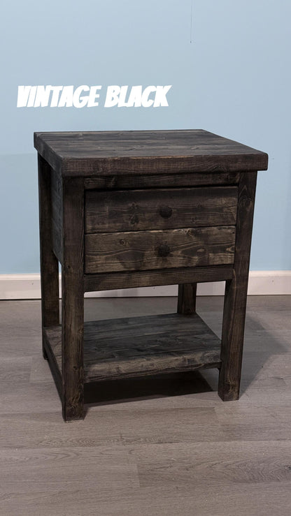 Rustic Solid Wood Nightstand with 2 Drawers and Shelf : Country Style