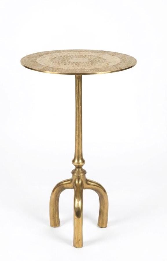 Round Brass-Finish Side Table with Textured Top, Sculptural Drink Table
