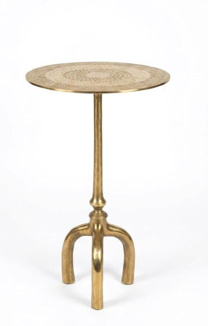 Round Brass-Finish Side Table with Textured Top, Sculptural Drink Table
