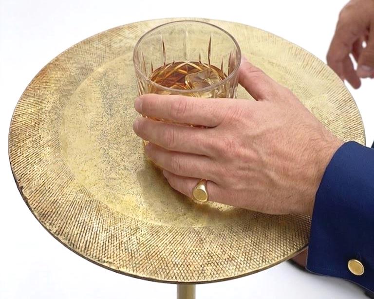 Round Brass-Finish Side Table with Textured Top, Sculptural Drink Table