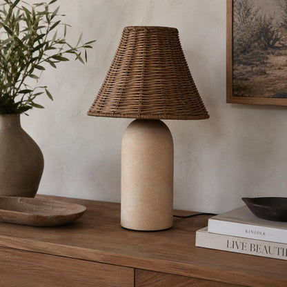 Small Ceramic Table Lamp with Rattan Wicker Shade & Dimmable Light