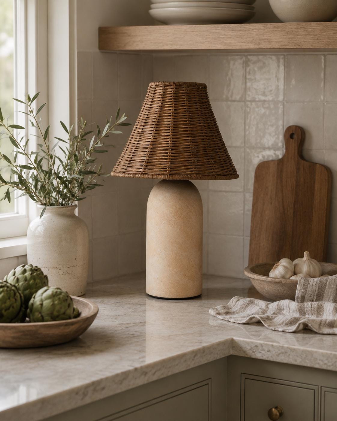 Small Ceramic Table Lamp with Rattan Wicker Shade & Dimmable Light