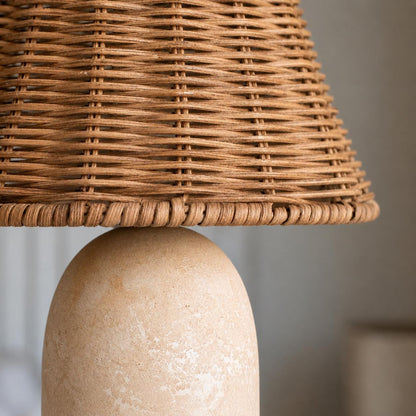 Small Ceramic Table Lamp with Rattan Wicker Shade & Dimmable Light
