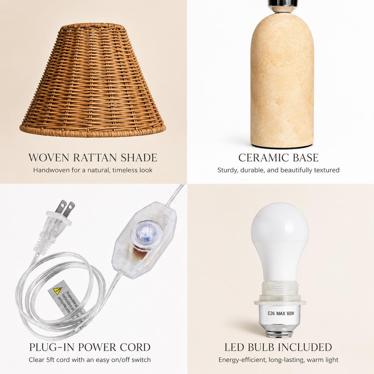 Small Ceramic Table Lamp with Rattan Wicker Shade & Dimmable Light