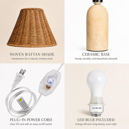 Small Ceramic Table Lamp with Rattan Wicker Shade & Dimmable Light