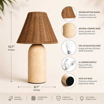 Small Ceramic Table Lamp with Rattan Wicker Shade & Dimmable Light