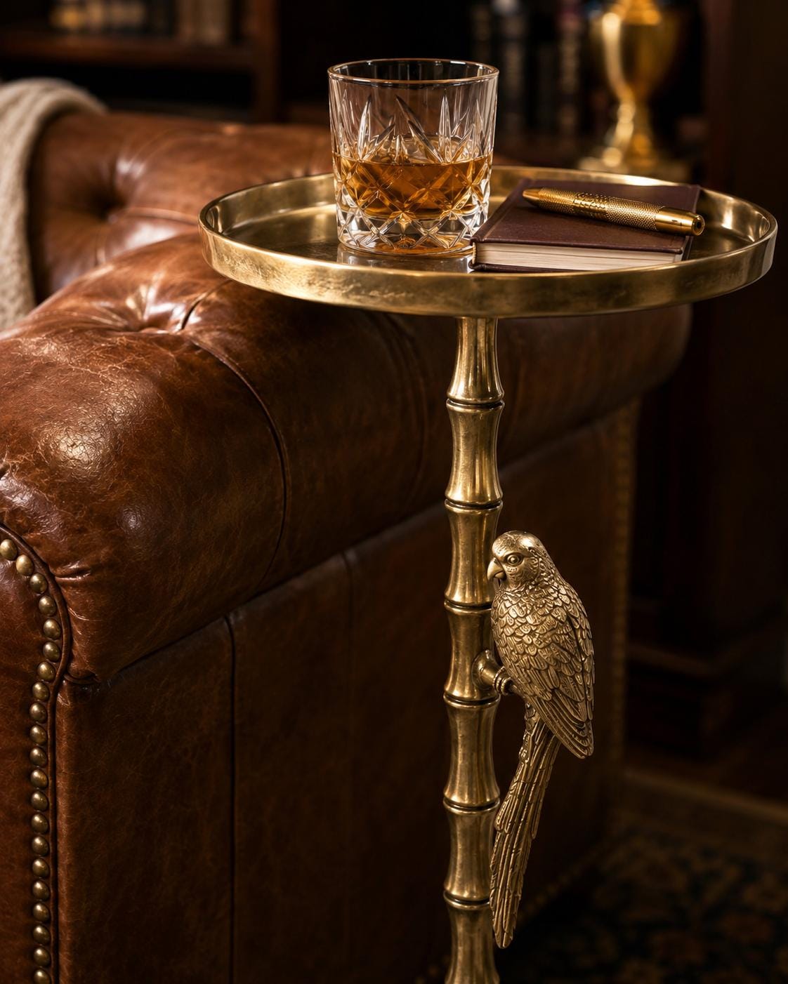 Antique Brass Bamboo Side Table with Parrot Accent