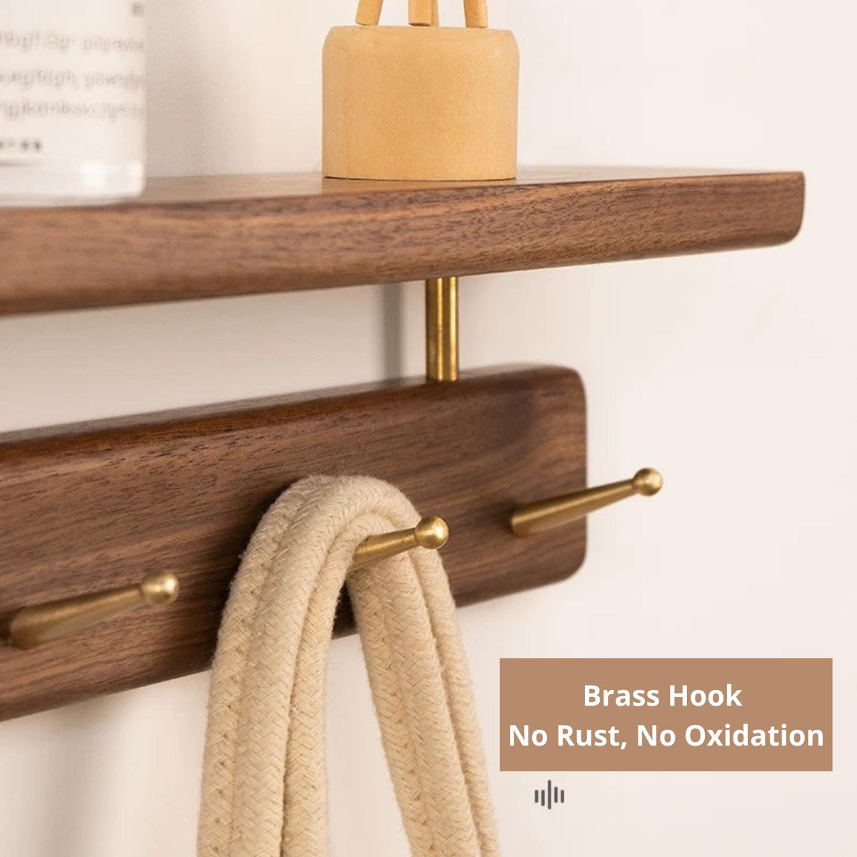 Walnut Wood Entryway Organizer with Shelf | Wall Mounted Coat Rack with Brass Hooks | Modern Key Holder for Wall | Floating Mudroom Shelf
