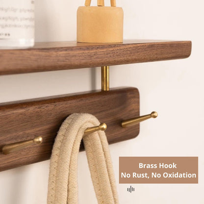 Walnut Wood Entryway Organizer with Shelf | Wall Mounted Coat Rack with Brass Hooks | Modern Key Holder for Wall | Floating Mudroom Shelf