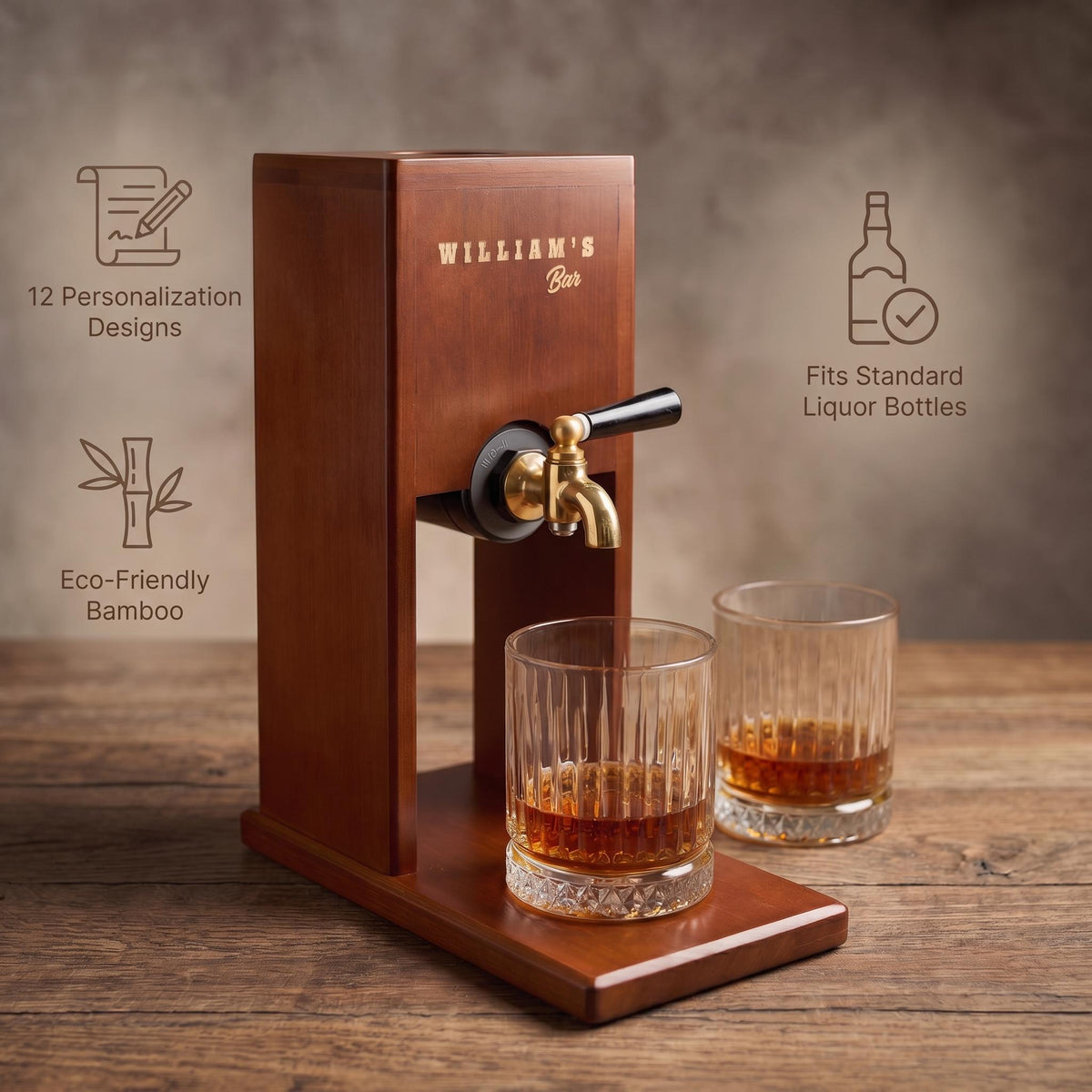 Wooden Whiskey Dispenser | Custom Engraved Liquor Tap for Home Bar, Bourbon Dispenser, Gift for Him, Wedding Anniversary