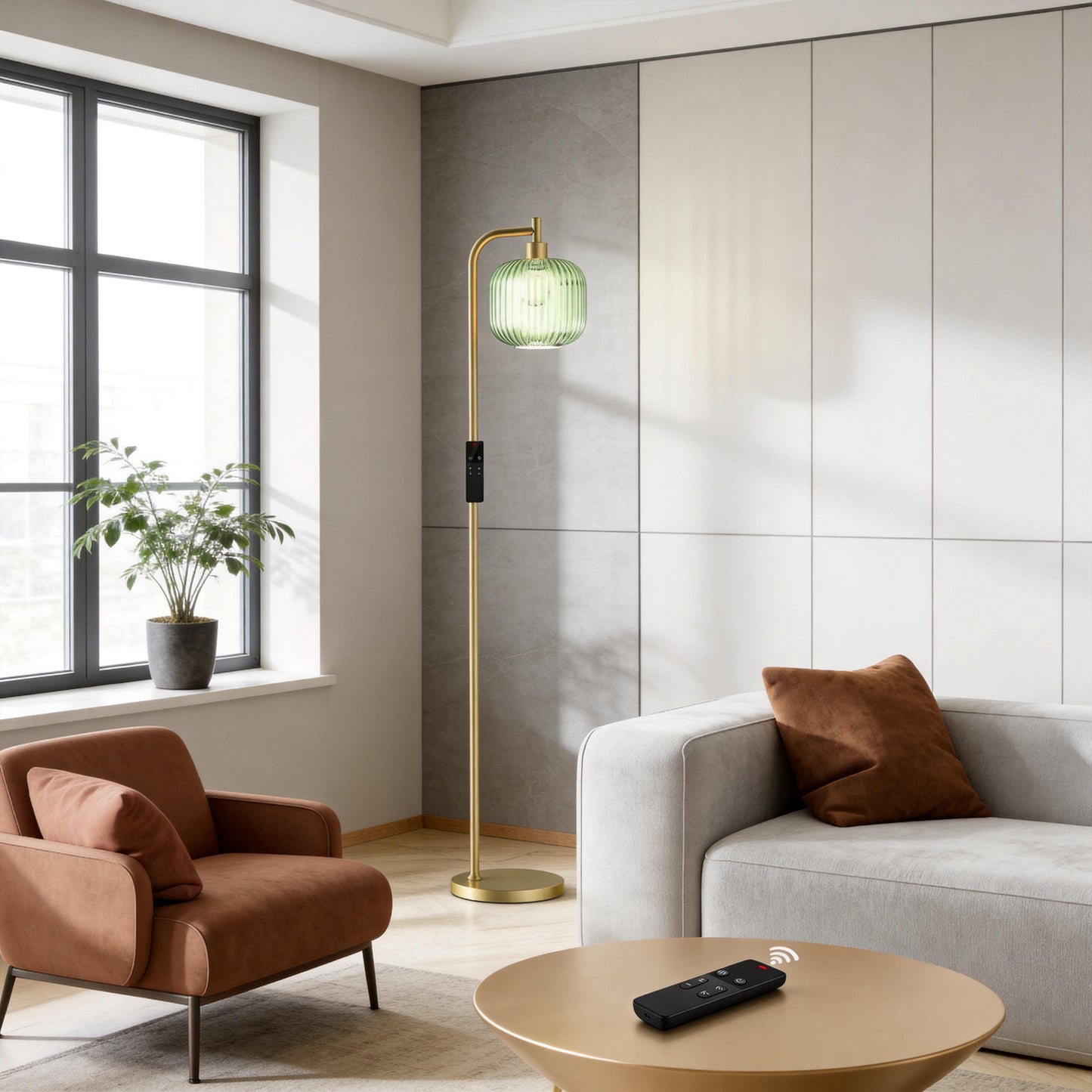 Ribbed Glass Floor Lamp with Remote Control & Dimmable LED